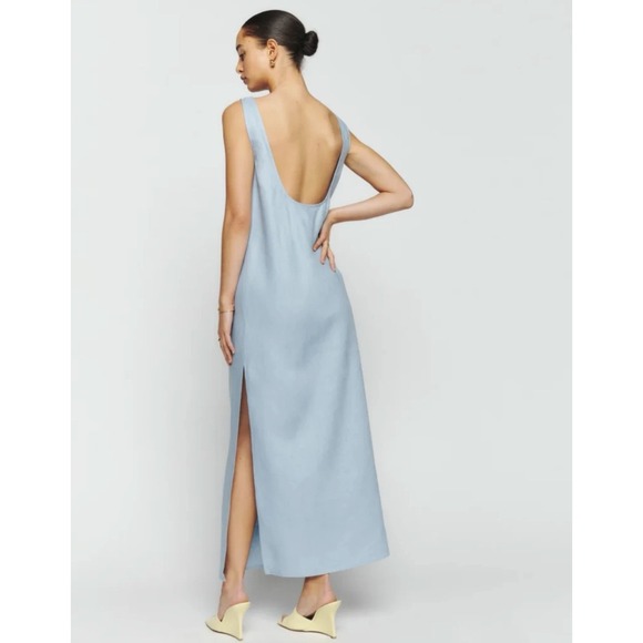 NWT Reformation Dress SMALL Marcie 100%‎ LINEN Mineral Blue Midi Maxi Slit Tunic